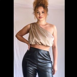 Camel Satin Ruched Crop Top